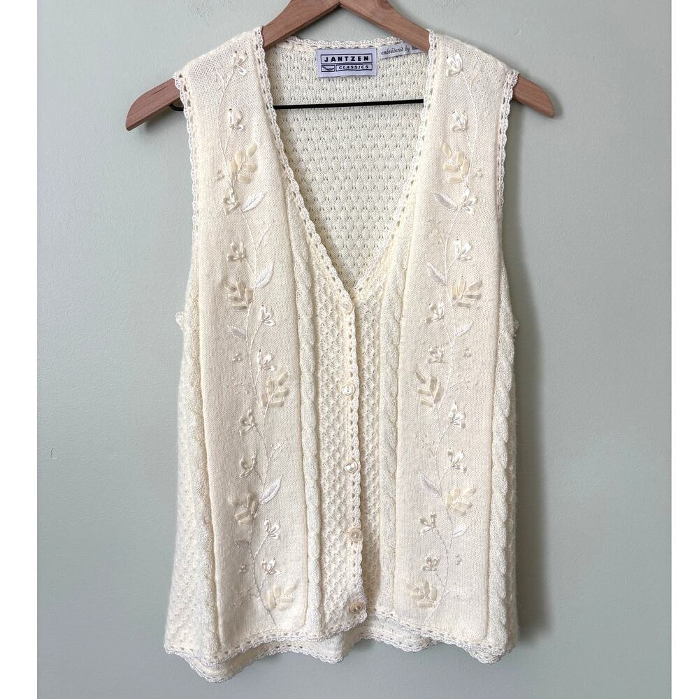 Vintage Hand Beaded Cream Sweater Vest Size M/L Grandma Core